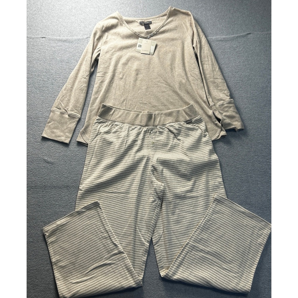 Liz Claiborne 2 Piece Pajama Womens Large Soft Lounge Set Tan Striped Sleepwear